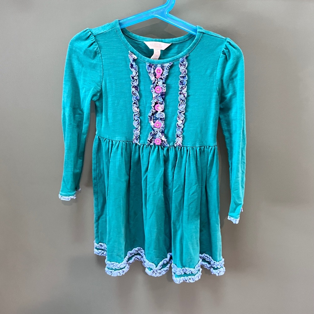 Matilda Jane Girls Teal Ruffled Button Front Long Sleeve Dress Size 4